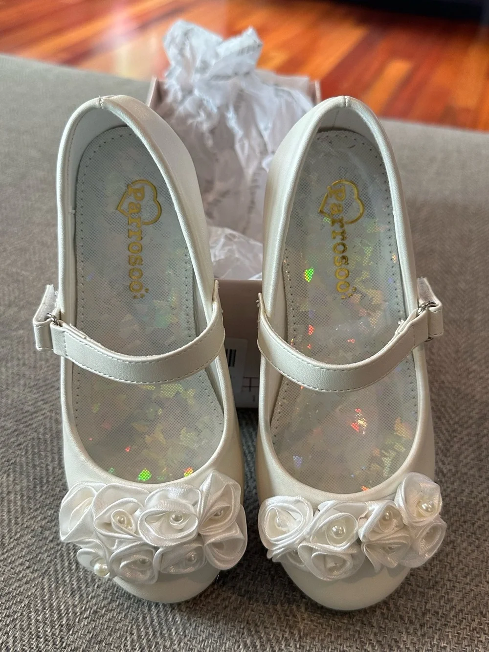 Girl's White Mary Jane Dress Shoes with Rosette Pearl Accents